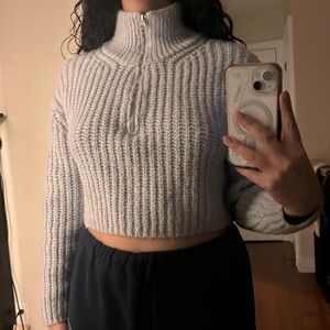 garage blue knit cropped quarter zip